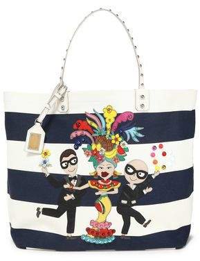 Flamenco Leather-trimmed Appliqued Striped Canvas Tote