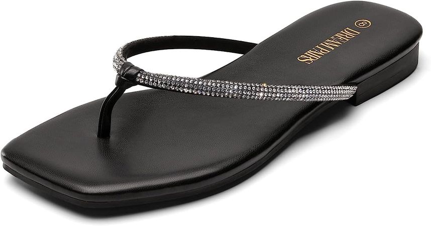 DREAM PAIRS Women Flip Flops Square Soft Rhinestones Thong Sandals Summer Casual Lightweight Comfortable Glittering Flat Slippers Walking Shopping Gathering Vacation Shoes | Flip-Flops