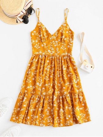 [36% OFF] 2020 ZAFUL Buttons Floral Print A Line Cami Dress In BEE YELLOW | ZAFUL Europe