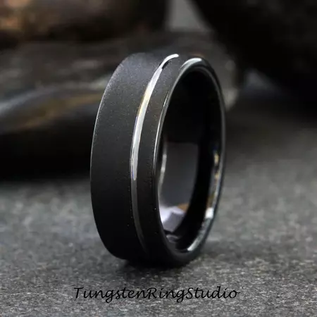 Mens Wedding Ring, Black Ring With Silver Accent, Sandblasted 8mm Band, Mens Black Ring - Etsy