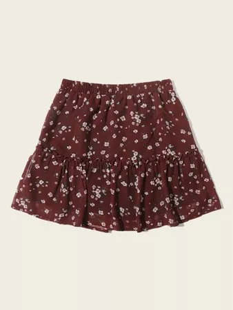 Frill Detail Ditsy Floral Skirt | SHEIN USA brown