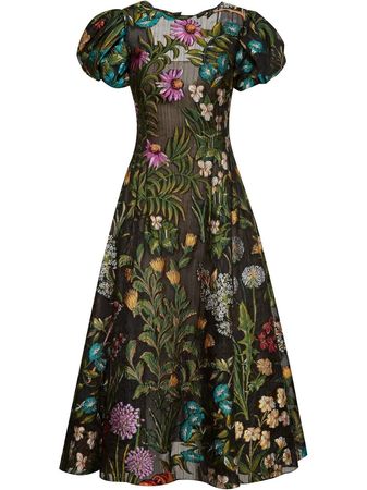 Oscar De La Renta Floral Tapestry Print puff-sleeve Midi Dress - Farfetch