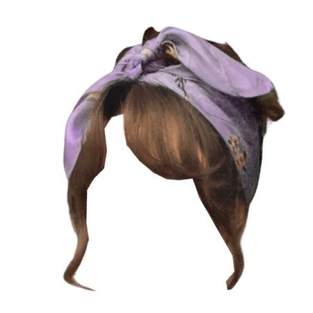 brown hair high updo bun light purple scarf headband curtain bangs