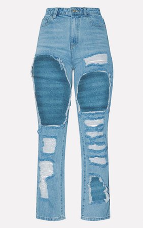 Plt Mid Blue Open Thigh Straight Leg Jean | PrettyLittleThing