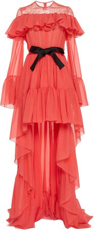 Asymmetric Ruffled Silk-Chiffon Gown