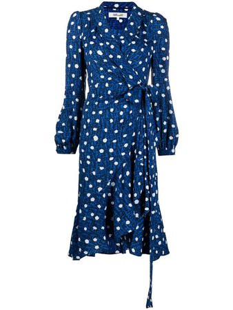 Shop blue & white DVF Diane von Furstenberg ruffle-trim belted dress with Express Delivery - Farfetch