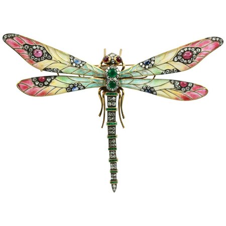 Plique à Jour Huge Diamond Gemstone Dragonfly Brooch 18 Karat For Sale at 1stdibs