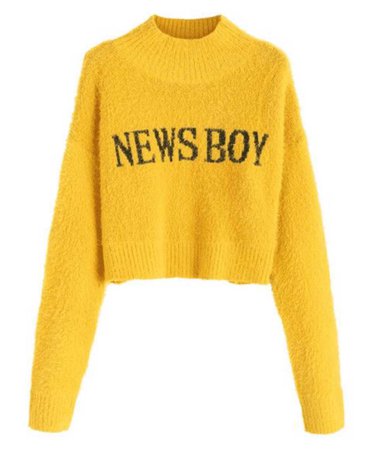 Fuzzy News Boy Graphic Mock Neck Sweater Yellow ($29)