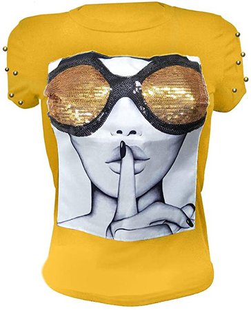 PESION Womens Short Sleeve T-Shirt Sequined Tops O-Neck Funny Graphic Tees Blouse, Black1 Large at Amazon Women’s Clothing store