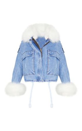 Blue Faux Fur Trim Denim Jacket | PrettyLittleThing