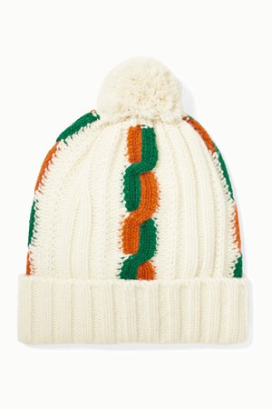 Off-white Pompom-embellished striped cable-knit wool beanie | Gucci | NET-A-PORTER