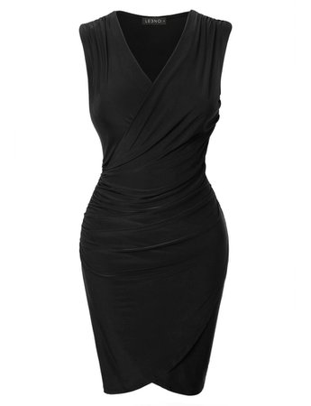 LE3NO Womens Fitted V Neck Wrap Sleeveless Bodycon Midi Dress with Side Shirring | LE3NO black
