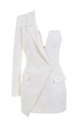 Clothing : Jackets : 'Febe' White Crepe One Sleeved Tuxedo Dress