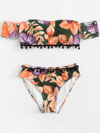 Pompom Embellished Floral Bikini Set
