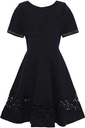Guipure Lace-paneled Stretch-knit Flared Dress
