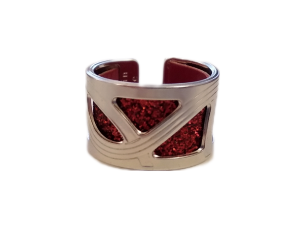 wide silver ring with red glitter leather Georgette
