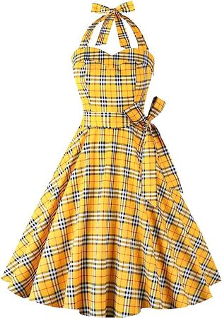 Amazon.com: Topdress Women's Vintage Polka Audrey Dress 1950s Halter Retro Cocktail Dress Gold Plaid M : Clothing, Shoes & Jewelry