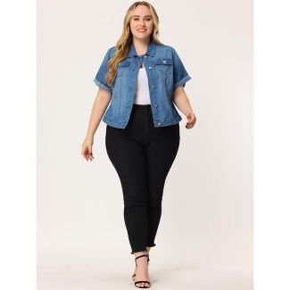 Agnes Orinda Women's Plus Size Button Crop Jean Trucker Denim Jacket : Target