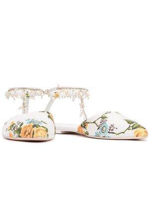 White Embellished floral-print canvas point-toe flats | Sale up to 70% off | THE OUTNET | ZIMMERMANN | THE OUTNET
