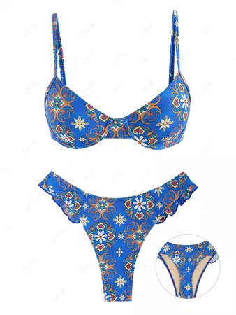 ZAFUL Women's Underwire Ruffles High Leg Plant Floral Printed Thong Two Piece Swimwear Bikini Set In BLUE | ZAFUL 2024