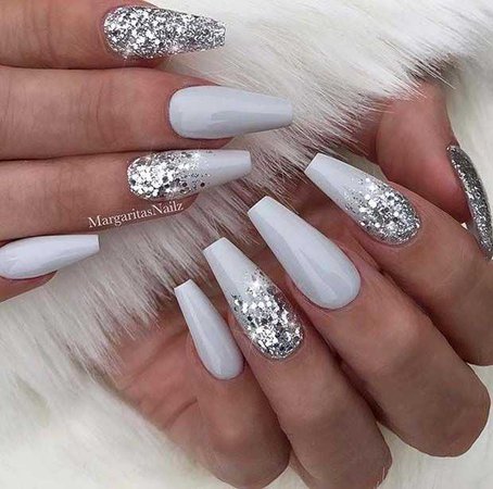 grey & glitter coffin nails