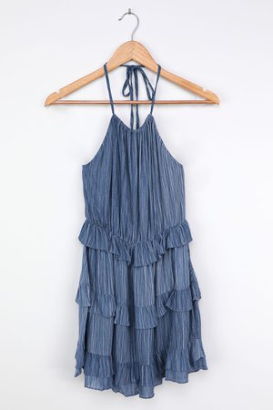 Light Blue Mini Dress - Ruffled Dress - Halter Mini Dress