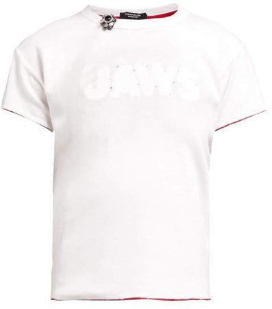 Distressed Jaws Stitched Cotton T Shirt - Womens - White