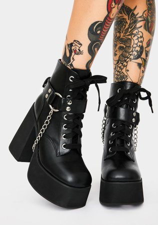 Current Mood Platform Heeled Boots Chain O-Ring Strap Lace Up Vegan Leather Black | Dolls Kill