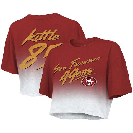Women's San Francisco 49ers George Kittle Majestic Threads Scarlet/White Drip-Dye Player Name & Number Tri-Blend Crop T-Shirt