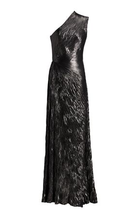 Hadlea One-Shoulder Plisse Metallic-Silk Gown By Ralph Lauren | Moda Operandi