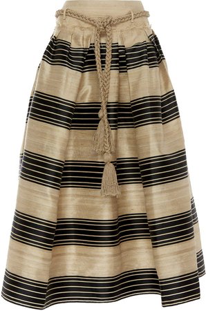 Belted Striped Wool-Blend Midi Skirt