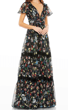 Mac Duggal Pleated Floral-Print Flutter-Sleeve Gown