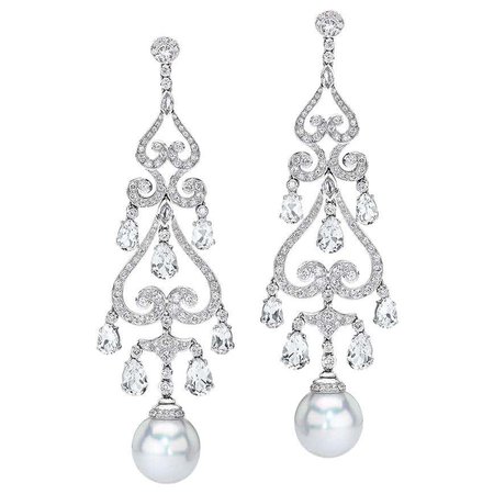 Autore South Sea Pearl Chandelier Earrings with Diamonds and 9.30ct. White Topaz For Sale at 1stDibs