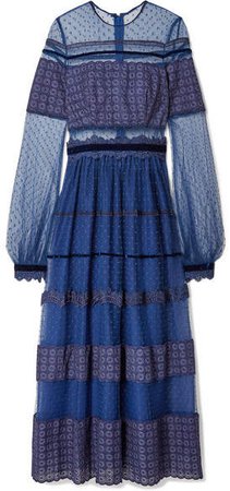 Costarellos - Embroidered Flocked Tulle Gown - Navy