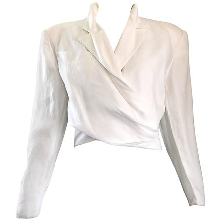 Claude Montana White Linen Avant Garde Vintage Cropped Wrap Jacket, 1980s For Sale at 1stdibs