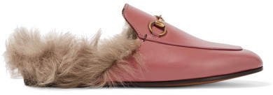 Princetown Horsebit-detailed Shearling-lined Leather Slippers - Pink