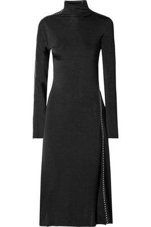 Helmut Lang | Studded faux leather-trimmed satin-jersey midi dress | NET-A-PORTER.COM