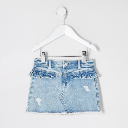 Mini girls blue frill denim mini skirt | River Island