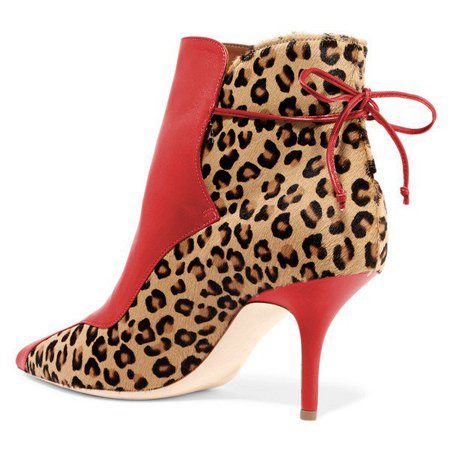 Red and Leopard Booties Pointy Toe Back Lace up Haircalf Ankle Boots for Work, Night club, School, Date, Anniversary, Going out, Hanging out | FSJ