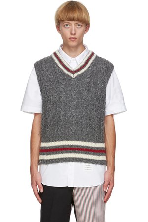 THOM BROWNE Grey Wool & Mohair Aran Cable Vest | SSENSE