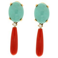 Handcraft Moon and Sun 18 Karat White Gold Coral Turquoise Diamond Drop Earrings For Sale at 1stdibs