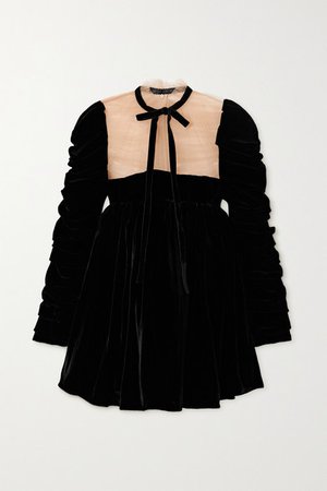 Ann Tie-detailed Ruched Velvet And Tulle Mini Dress - Black