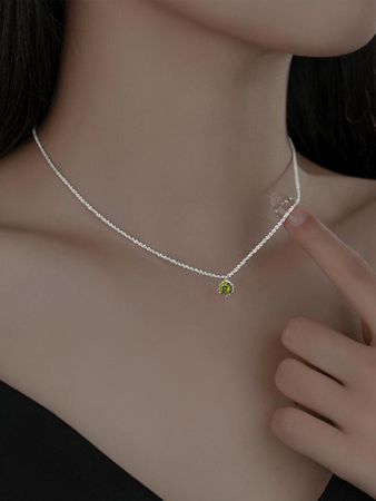 One S925 Silver Trendy Green Pink Cubic Zirconia Flower Pendant Necklace For Women Luxury Retro Sparkling Clavicle Chain Jewelry Gift | SHEIN
