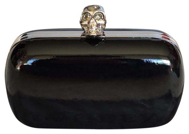 *clipped by @luci-her* Alexander McQueen Box New Skull Black and Silver Patent Leather Clutch - Tradesy