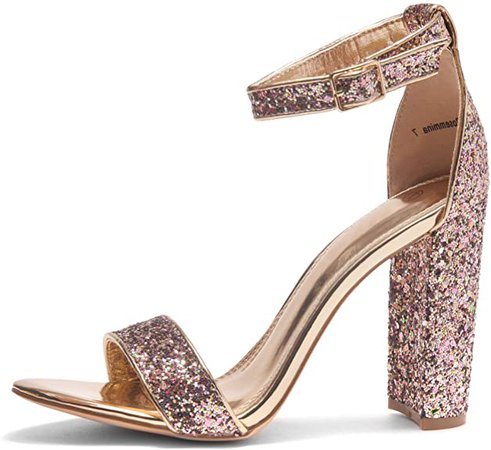Amazon.com | Herstyle Rosemmina Womens Open Toe Ankle Strap Chunky Block High Heel Dress Party Pump Sandals Rose Gold Glitter 8.5 | Heeled Sandals
