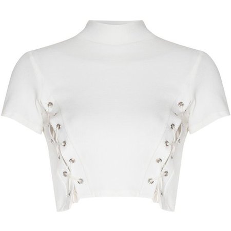 Cream Polo Neck Crop Top With Lace Up Sides