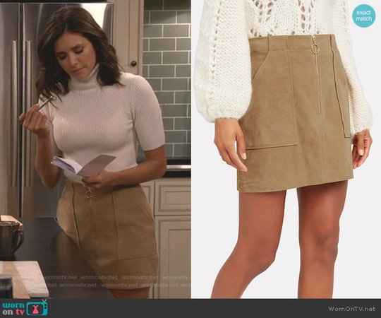 WornOnTV: Clem’s white ribbed turtleneck sweater and beige mini skirt on Fam | Nina Dobrev | Clothes and Wardrobe from TV