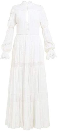 Lace Panel Silk Chiffon Dress - Womens - White