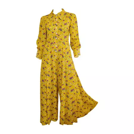 1970s Galanos Yellow Floral Print Palazzo Pant Jumpsuit at 1stDibs | floral pant romper, floral pant jumpsuit, yellow floral jumpsuit
