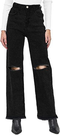 Genleck Womens Wide Leg Ripped Boyfriend Jeans High Waist Baggy Flare Casual Denim Pants Trousers (1-Blue, XS) at Amazon Women's Jeans store